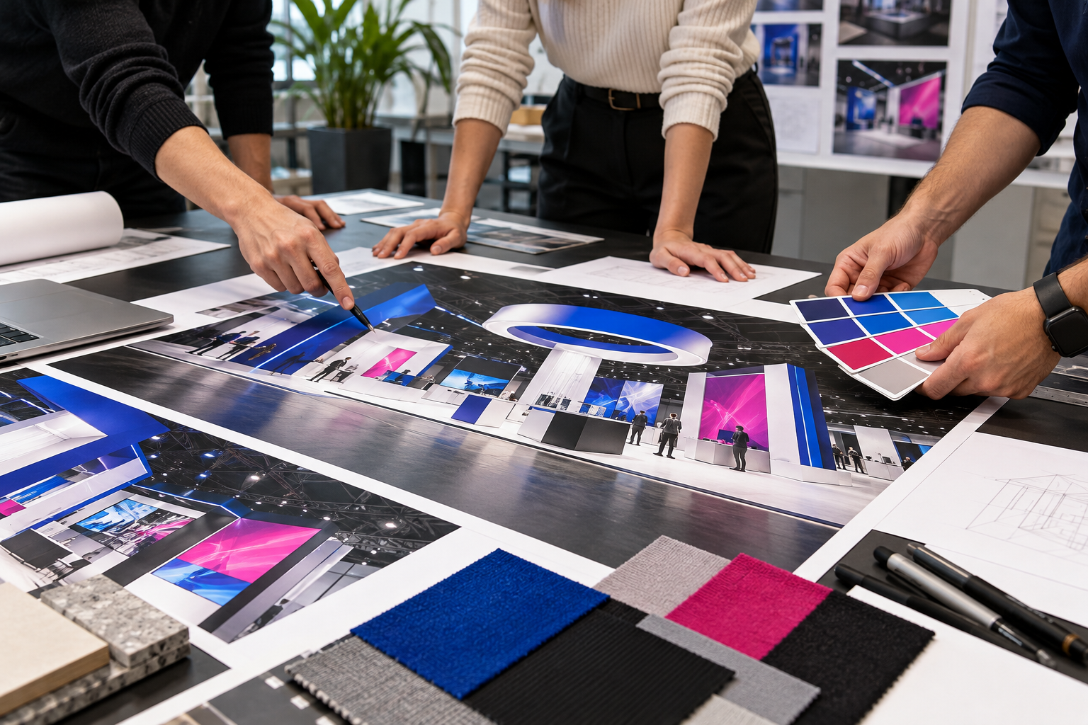 Faceless exhibition design team reviewing trade-show booth artwork files