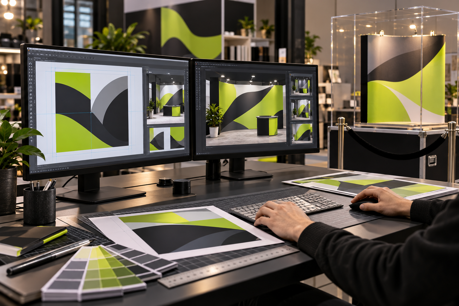 Faceless exhibition team working with booth artwork files for edit copies