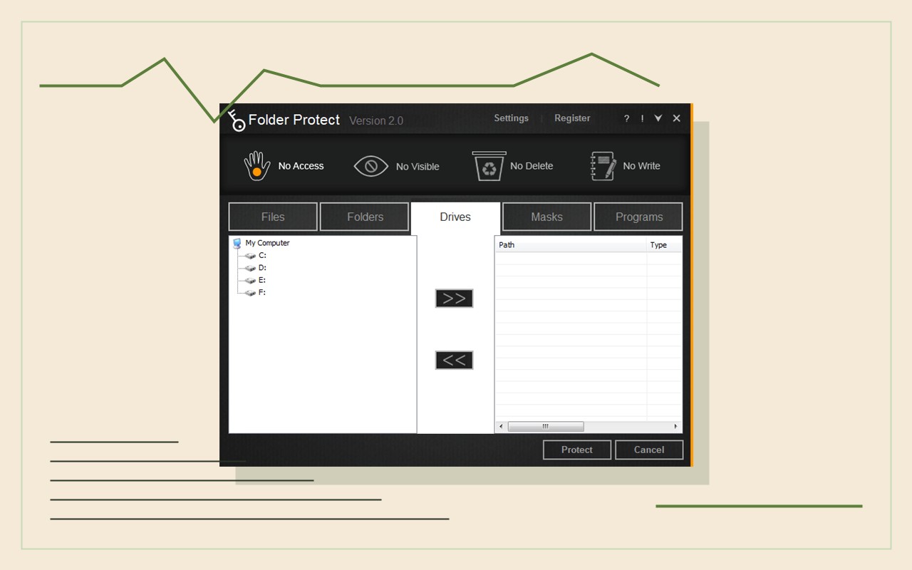 Folder Protect drive view interface for booth artwork testing