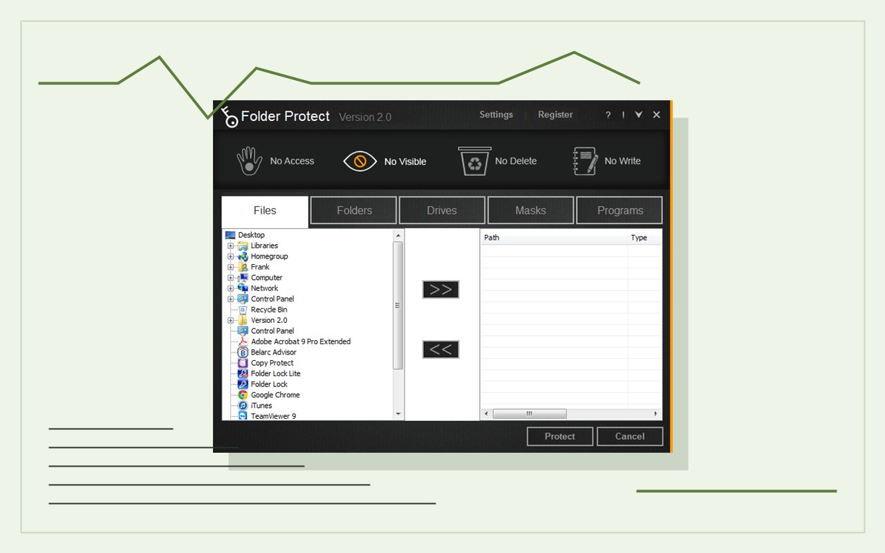 Folder Protect visibility control interface for booth artwork testing