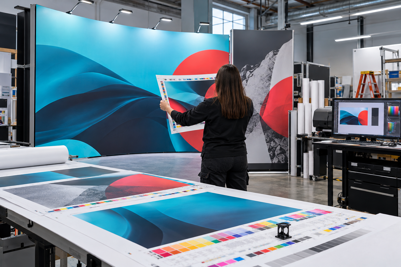 Faceless exhibition team working with booth artwork files for preflight check