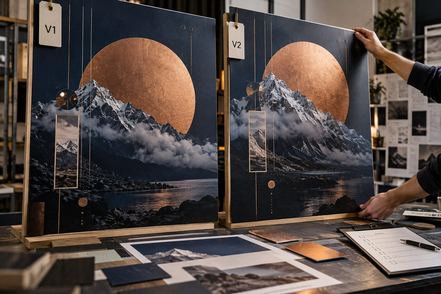 Faceless exhibition team working with booth artwork files for version proof